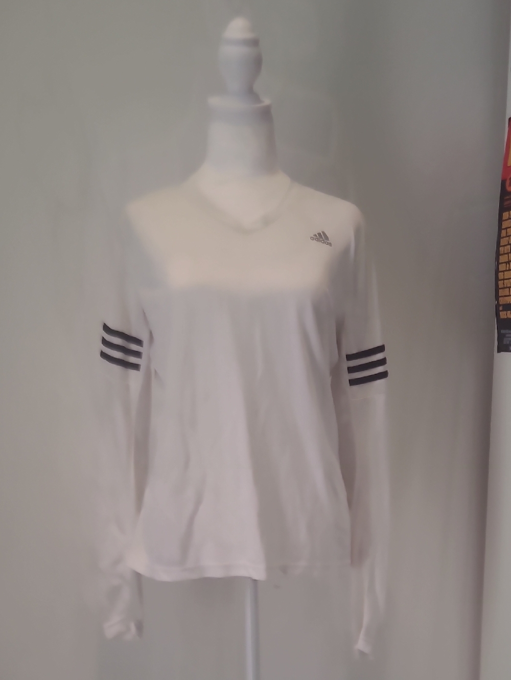 adidas White V-Neck Long Sleeve Top with Black Sleeve Stripes